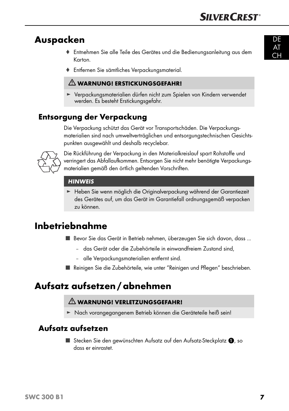 Auspacken, Inbetriebnahme, Aufsatz aufsetzen / abnehmen | Entsorgung der verpackung, Aufsatz aufsetzen, De at ch | Silvercrest SWC 300 B1 User Manual | Page 10 / 51