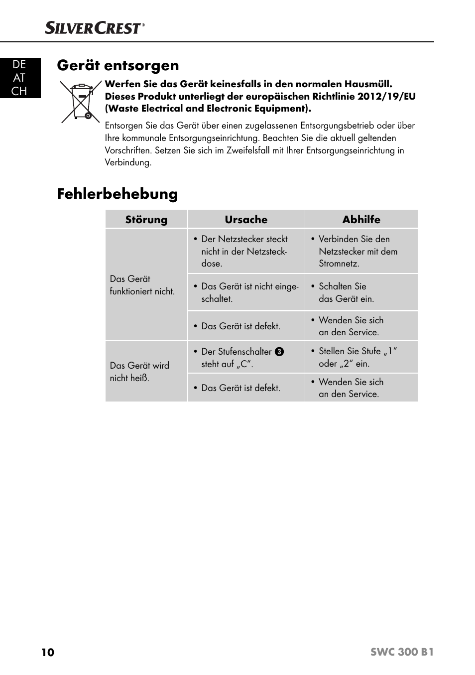 Gerät entsorgen, Fehlerbehebung, De at ch | Silvercrest SWC 300 B1 User Manual | Page 13 / 51