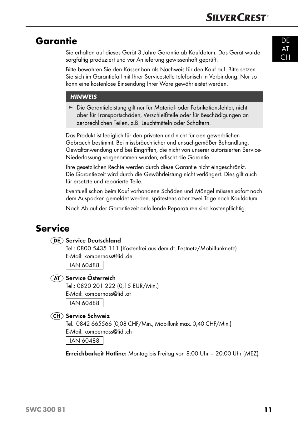 Garantie, Service, De at ch | Silvercrest SWC 300 B1 User Manual | Page 14 / 51