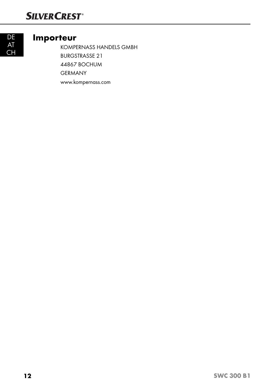 Importeur | Silvercrest SWC 300 B1 User Manual | Page 15 / 51