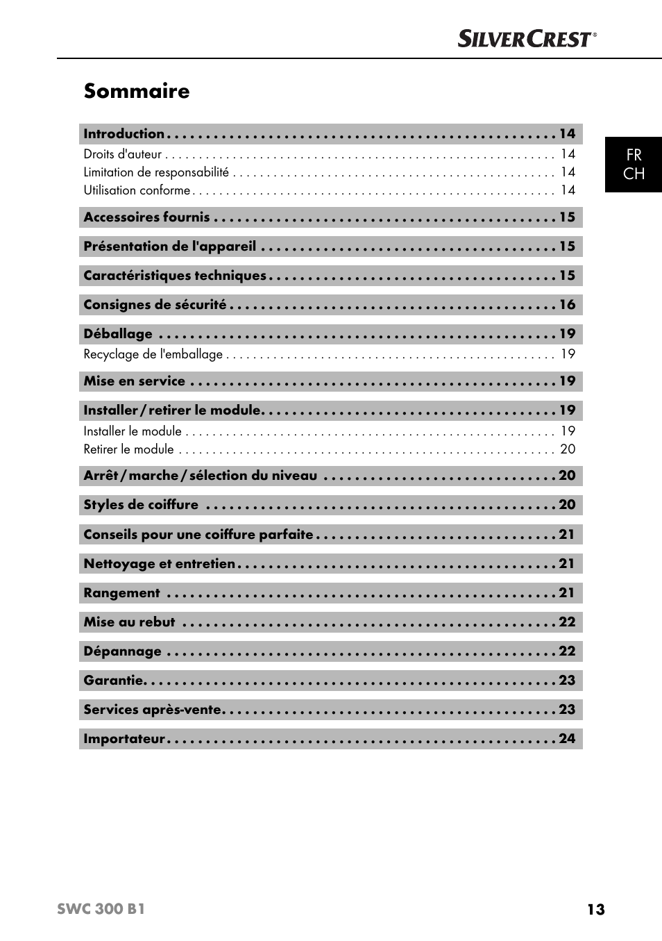Sommaire, Fr ch | Silvercrest SWC 300 B1 User Manual | Page 16 / 51