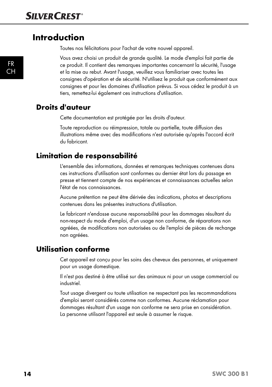 Introduction, Droits d'auteur, Limitation de responsabilité | Utilisation conforme | Silvercrest SWC 300 B1 User Manual | Page 17 / 51