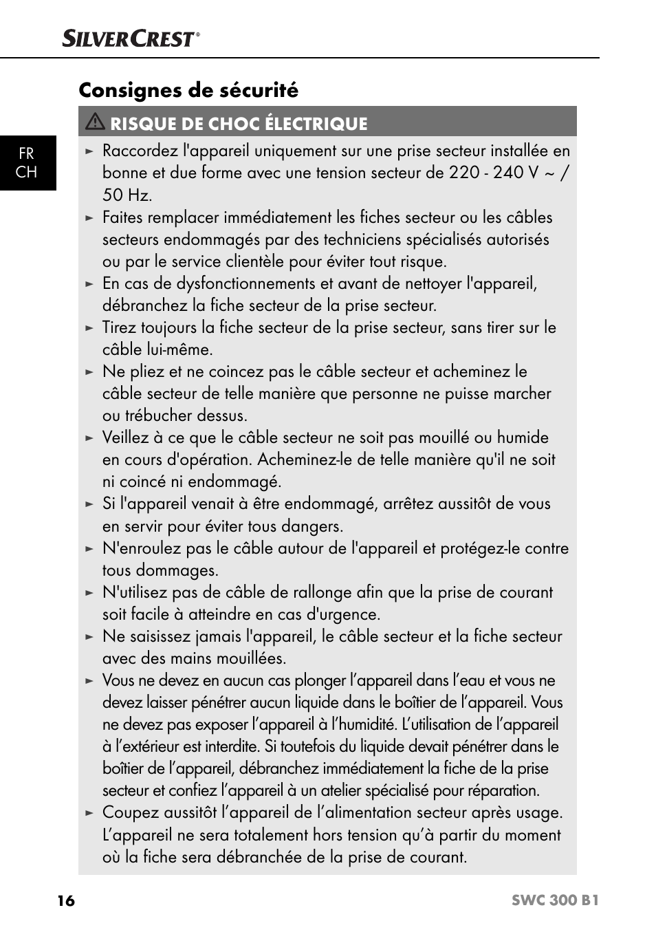 Consignes de sécurité, Risque de choc électrique | Silvercrest SWC 300 B1 User Manual | Page 19 / 51