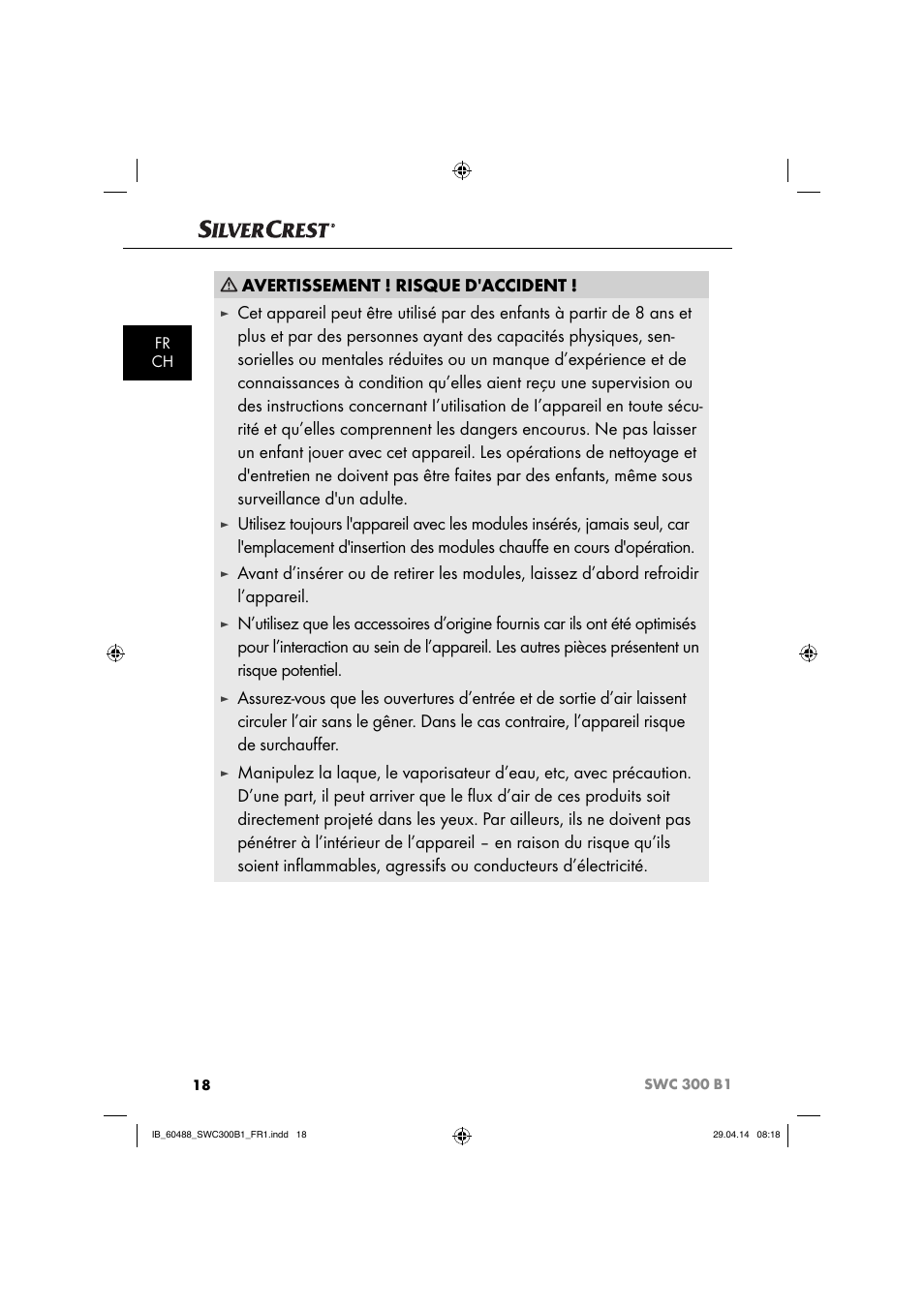 Avertissement ! risque d'accident, Fr ch | Silvercrest SWC 300 B1 User Manual | Page 21 / 51