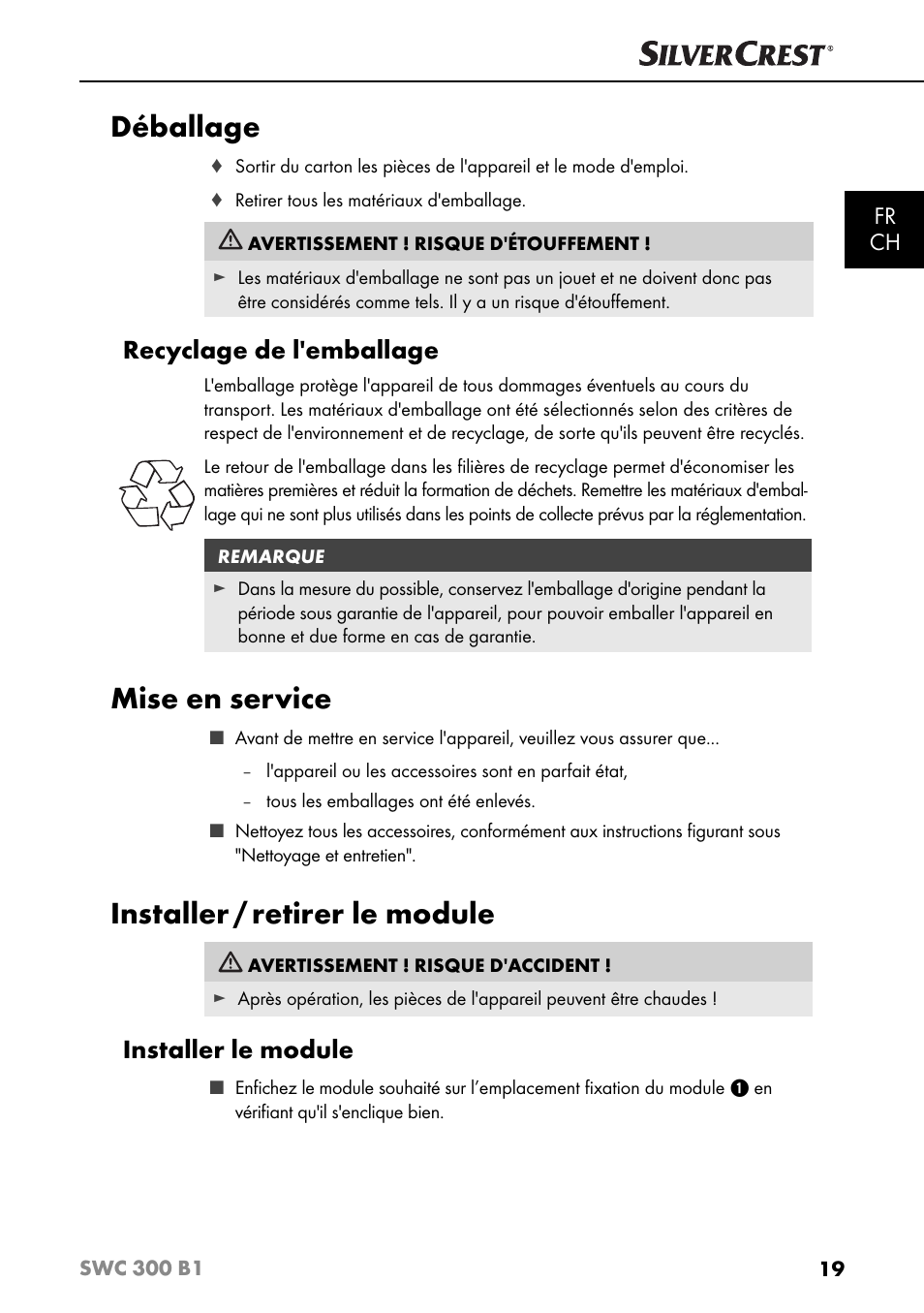 Déballage, Mise en service, Installer / retirer le module | Recyclage de l'emballage, Installer le module, Fr ch | Silvercrest SWC 300 B1 User Manual | Page 22 / 51