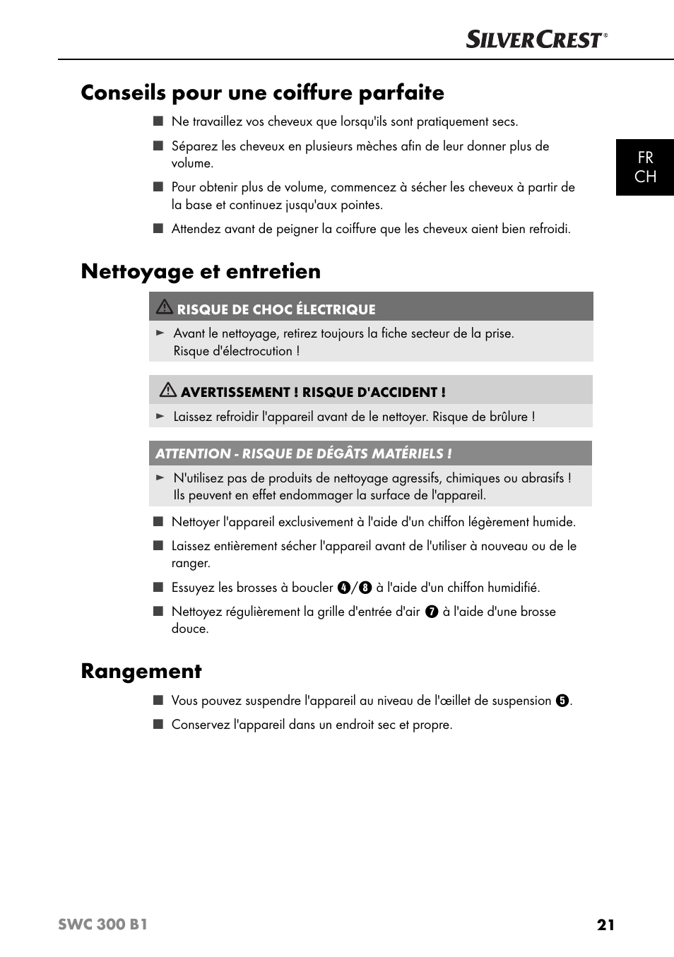 Conseils pour une coiﬀ ure parfaite, Nettoyage et entretien, Rangement | Fr ch | Silvercrest SWC 300 B1 User Manual | Page 24 / 51