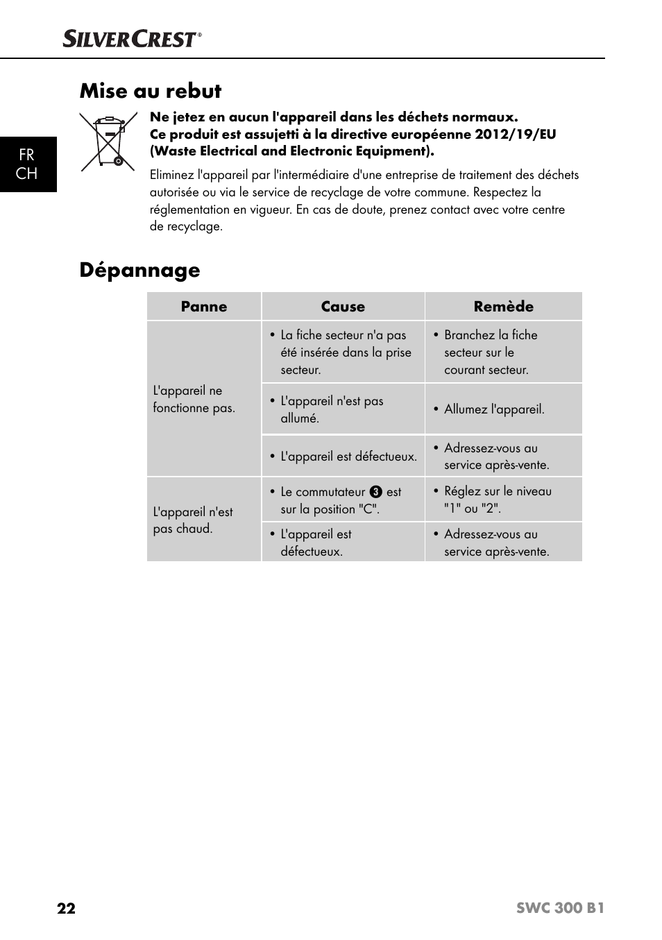 Mise au rebut, Dépannage, Fr ch | Silvercrest SWC 300 B1 User Manual | Page 25 / 51