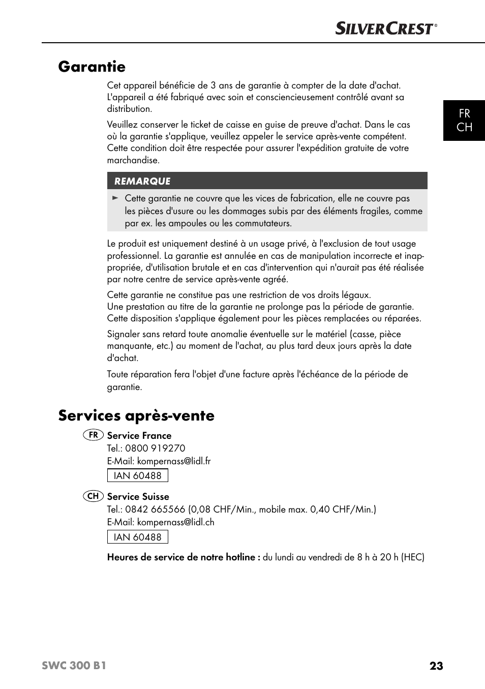 Garantie, Services après-vente, Fr ch | Silvercrest SWC 300 B1 User Manual | Page 26 / 51