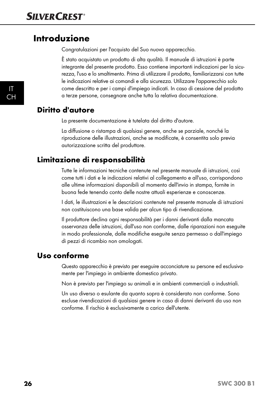 Introduzione, Diritto d'autore, Limitazione di responsabilità | Uso conforme | Silvercrest SWC 300 B1 User Manual | Page 29 / 51