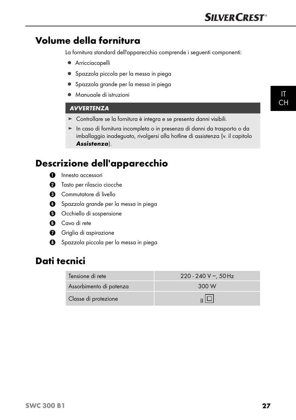 Volume della fornitura, Descrizione dell'apparecchio, Dati tecnici | It ch | Silvercrest SWC 300 B1 User Manual | Page 30 / 51