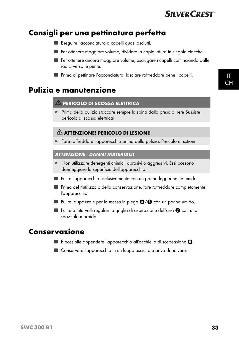 Consigli per una pettinatura perfetta, Pulizia e manutenzione, Conservazione | It ch | Silvercrest SWC 300 B1 User Manual | Page 36 / 51