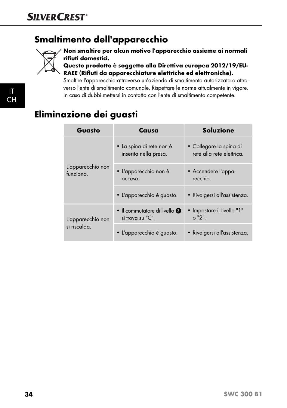 Smaltimento dell'apparecchio, Eliminazione dei guasti, It ch | Silvercrest SWC 300 B1 User Manual | Page 37 / 51