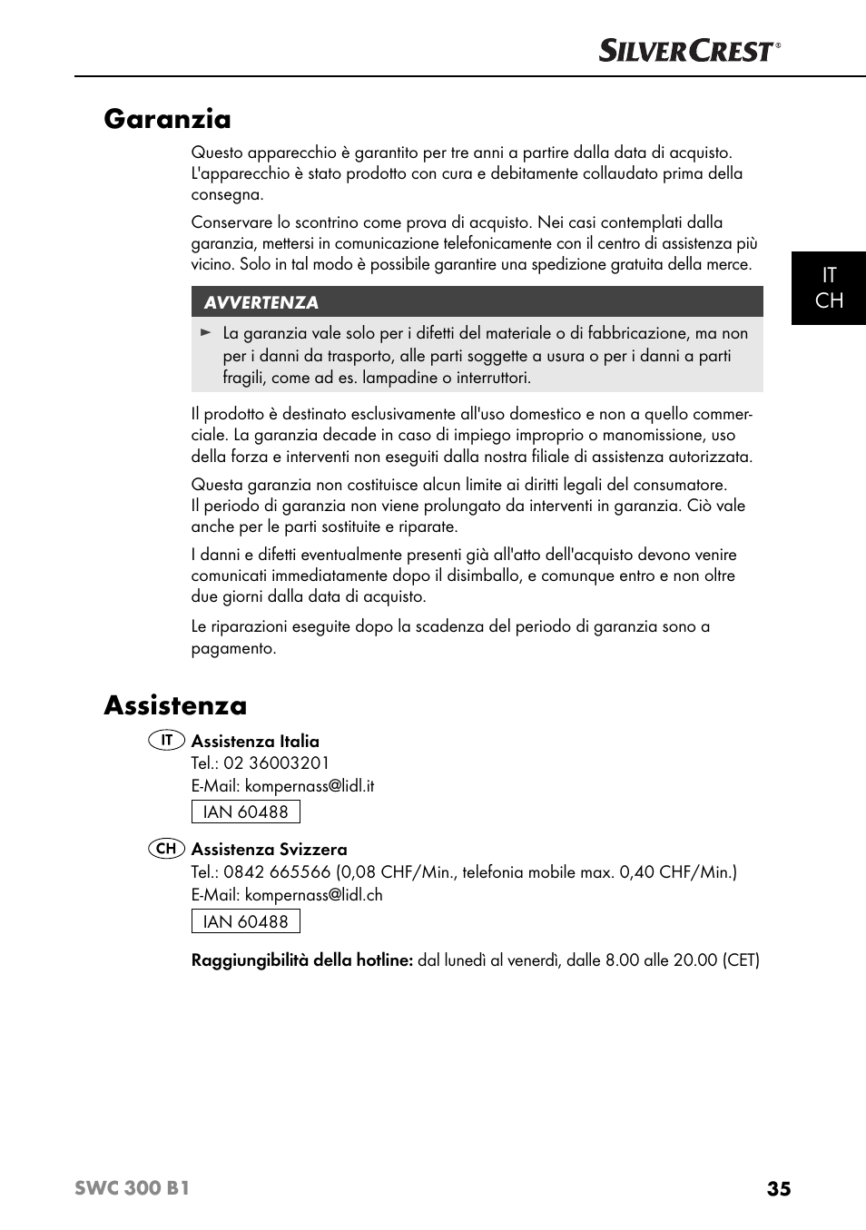 Garanzia, Assistenza, It ch | Silvercrest SWC 300 B1 User Manual | Page 38 / 51