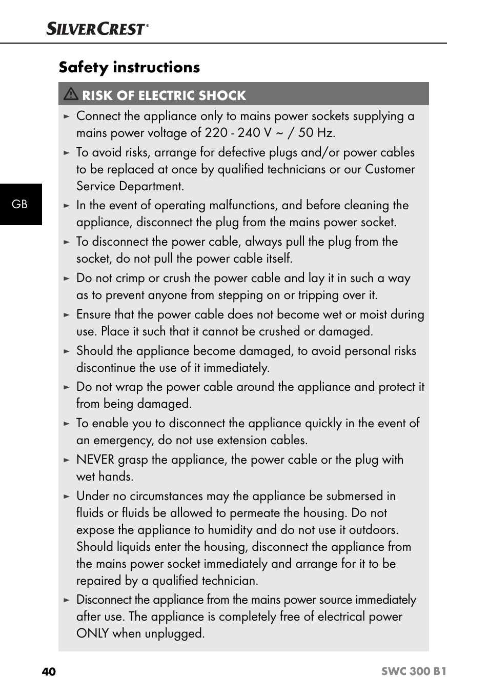 Safety instructions, Risk of electric shock | Silvercrest SWC 300 B1 User Manual | Page 43 / 51