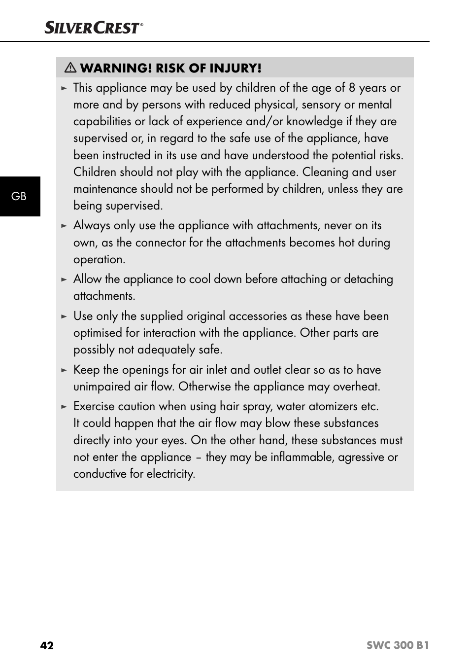 Warning! risk of injury | Silvercrest SWC 300 B1 User Manual | Page 45 / 51