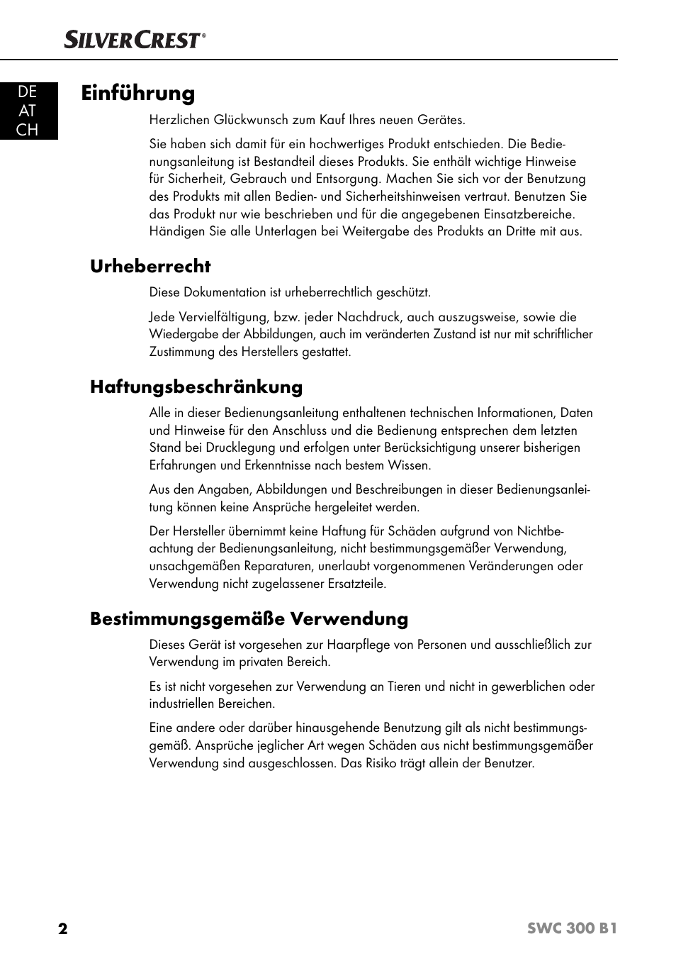 Einführung, Urheberrecht, Haftungsbeschränkung | Bestimmungsgemäße verwendung | Silvercrest SWC 300 B1 User Manual | Page 5 / 51
