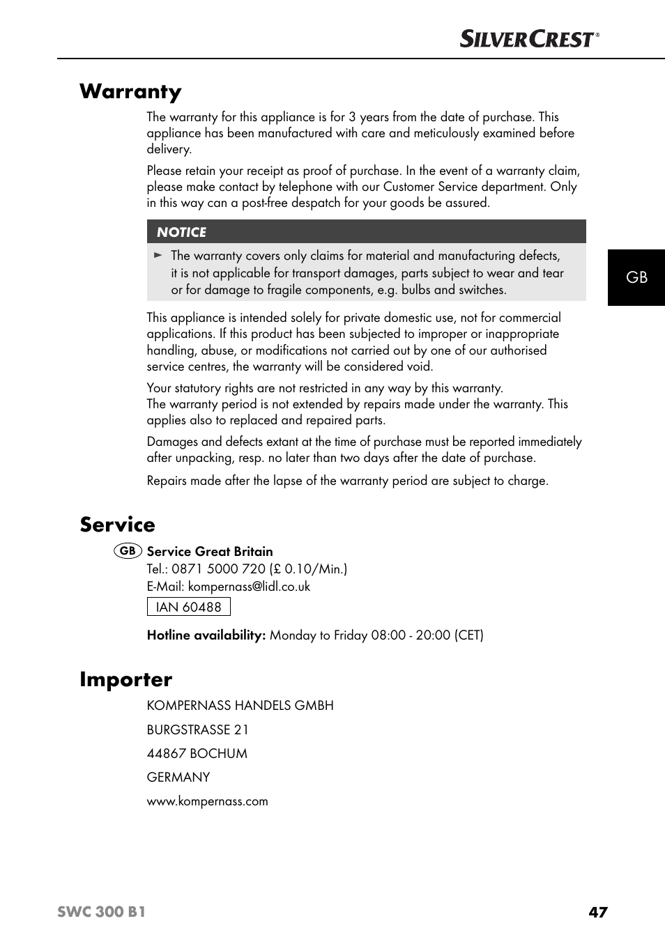 Warranty, Service, Importer | Silvercrest SWC 300 B1 User Manual | Page 50 / 51