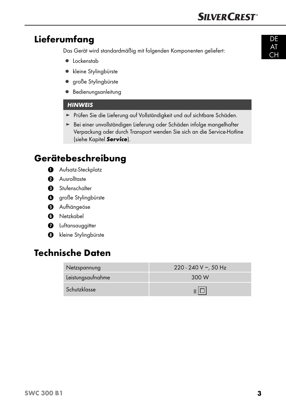 Lieferumfang, Gerätebeschreibung, Technische daten | De at ch | Silvercrest SWC 300 B1 User Manual | Page 6 / 51