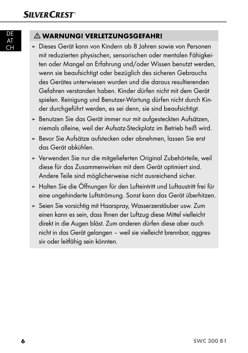 Warnung! verletzungsgefahr | Silvercrest SWC 300 B1 User Manual | Page 9 / 51
