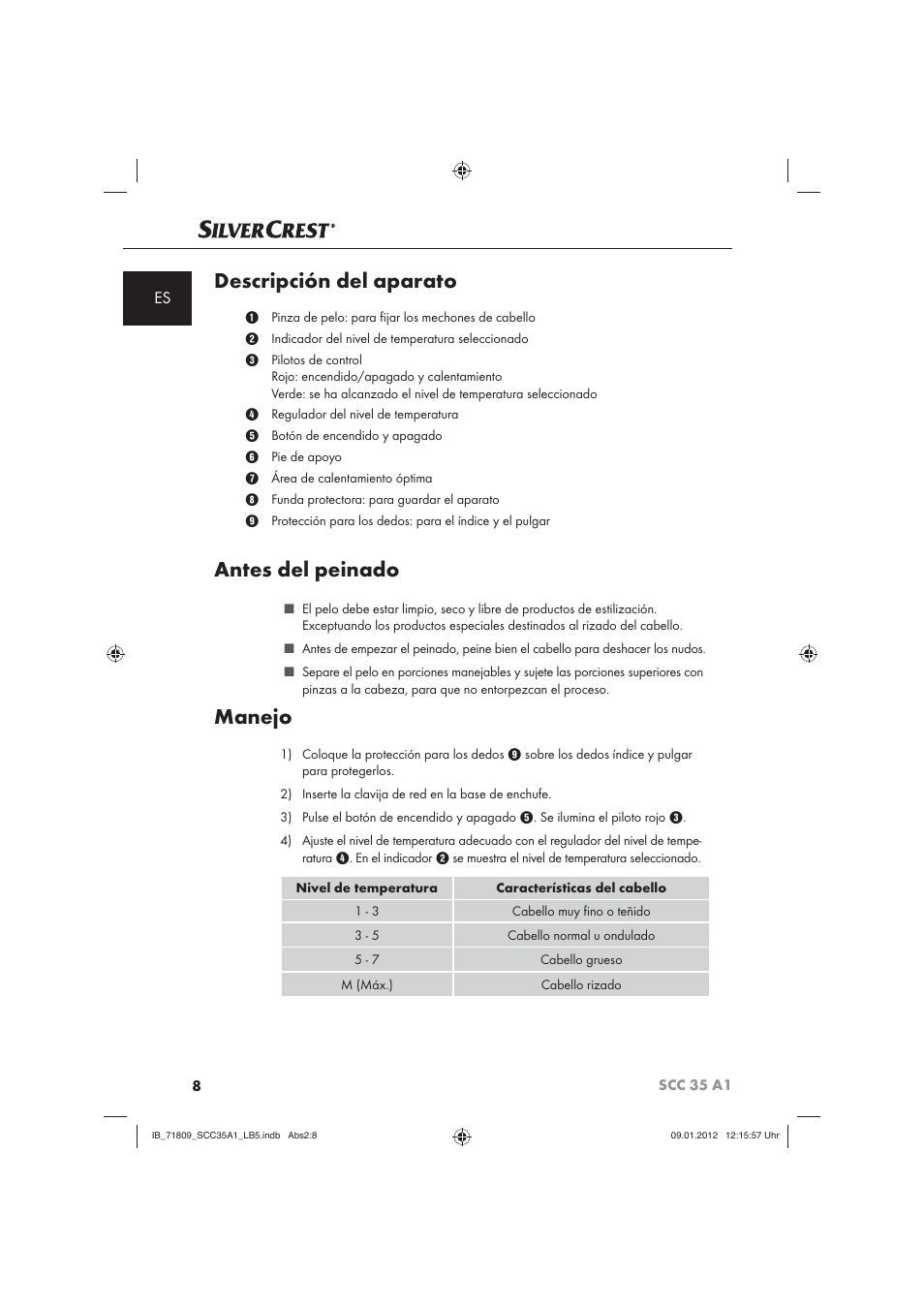 Descripción del aparato, Antes del peinado, Manejo | Silvercrest SCC 35 A1 User Manual | Page 10 / 62