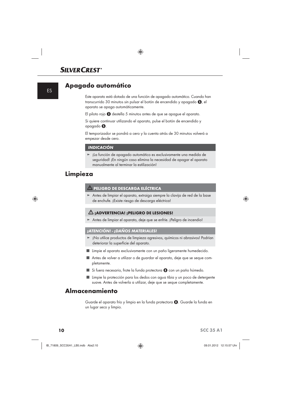 Apagado automático, Limpieza, Almacenamiento | Silvercrest SCC 35 A1 User Manual | Page 12 / 62