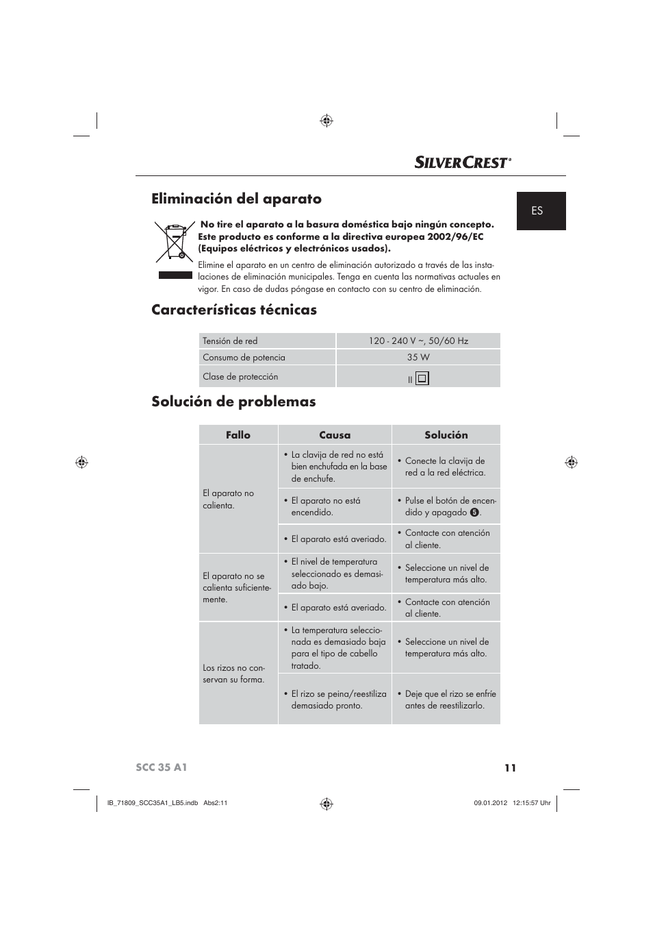 Eliminación del aparato, Características técnicas, Solución de problemas | Silvercrest SCC 35 A1 User Manual | Page 13 / 62