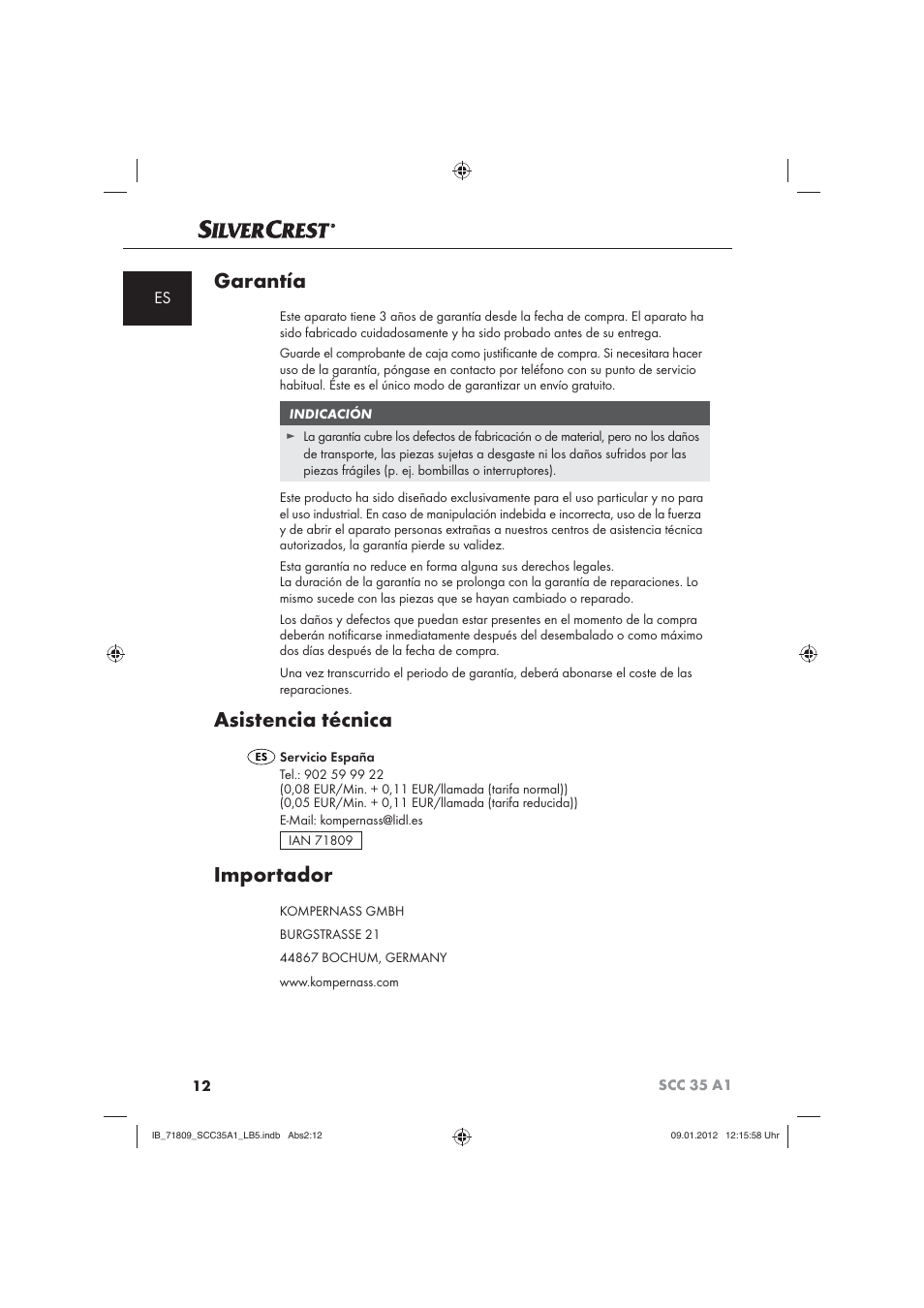 Garantía, Asistencia técnica, Importador | Silvercrest SCC 35 A1 User Manual | Page 14 / 62