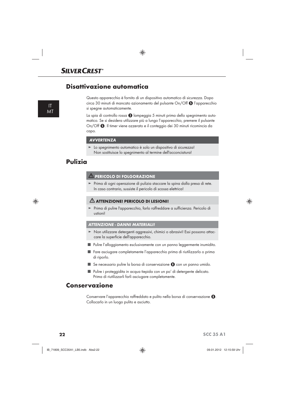 Disattivazione automatica, Pulizia, Conservazione | It mt | Silvercrest SCC 35 A1 User Manual | Page 24 / 62