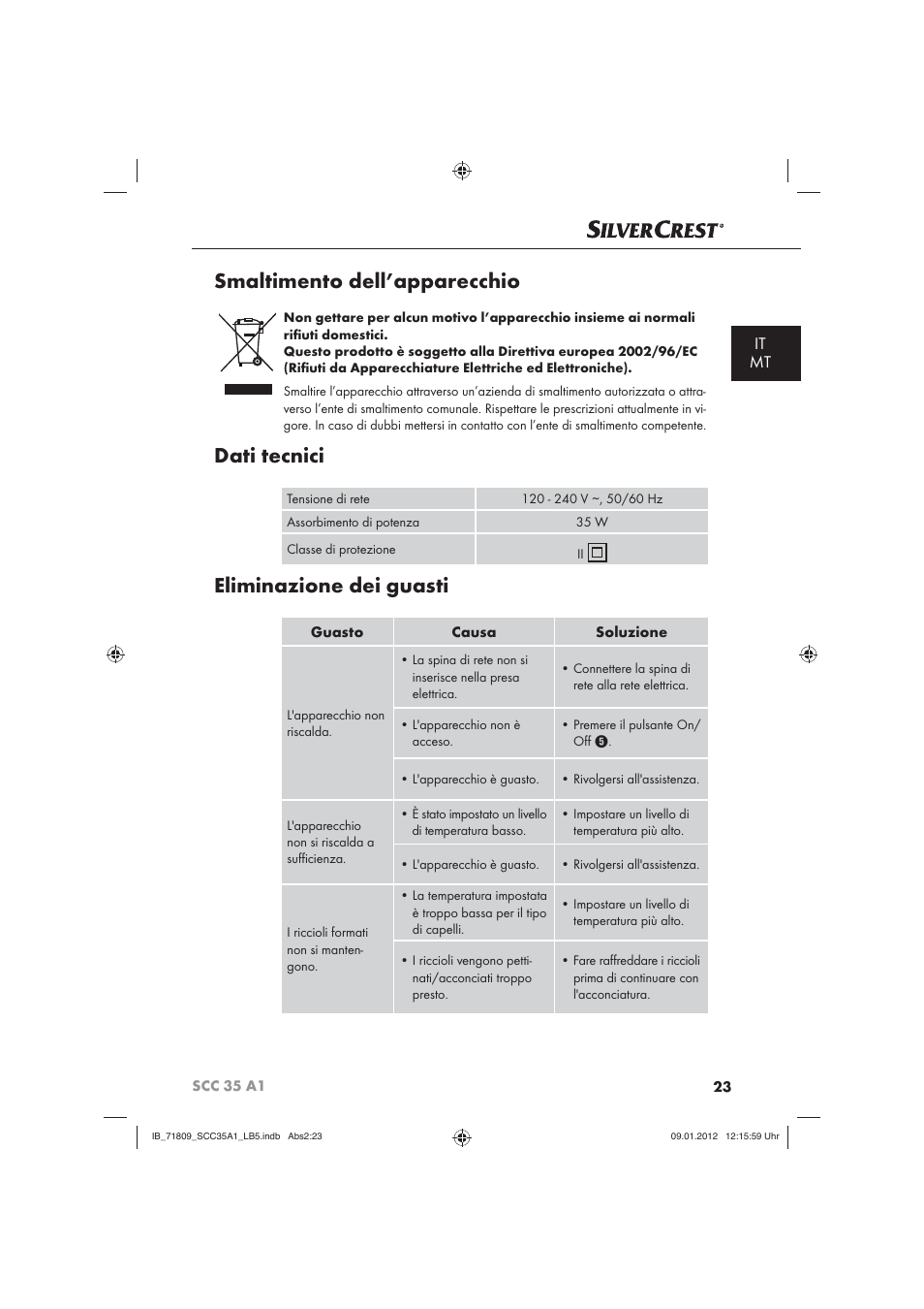 Smaltimento dell’apparecchio, Dati tecnici, Eliminazione dei guasti | It mt | Silvercrest SCC 35 A1 User Manual | Page 25 / 62