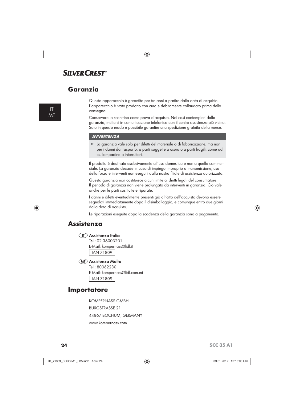 Garanzia, Assistenza, Importatore | It mt | Silvercrest SCC 35 A1 User Manual | Page 26 / 62