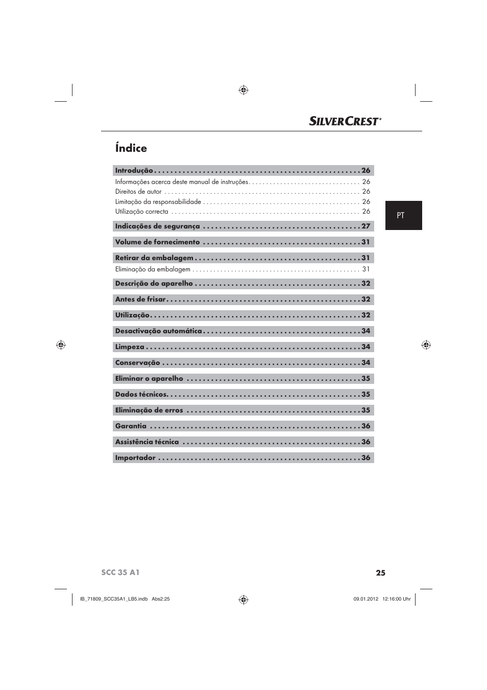 Índice | Silvercrest SCC 35 A1 User Manual | Page 27 / 62