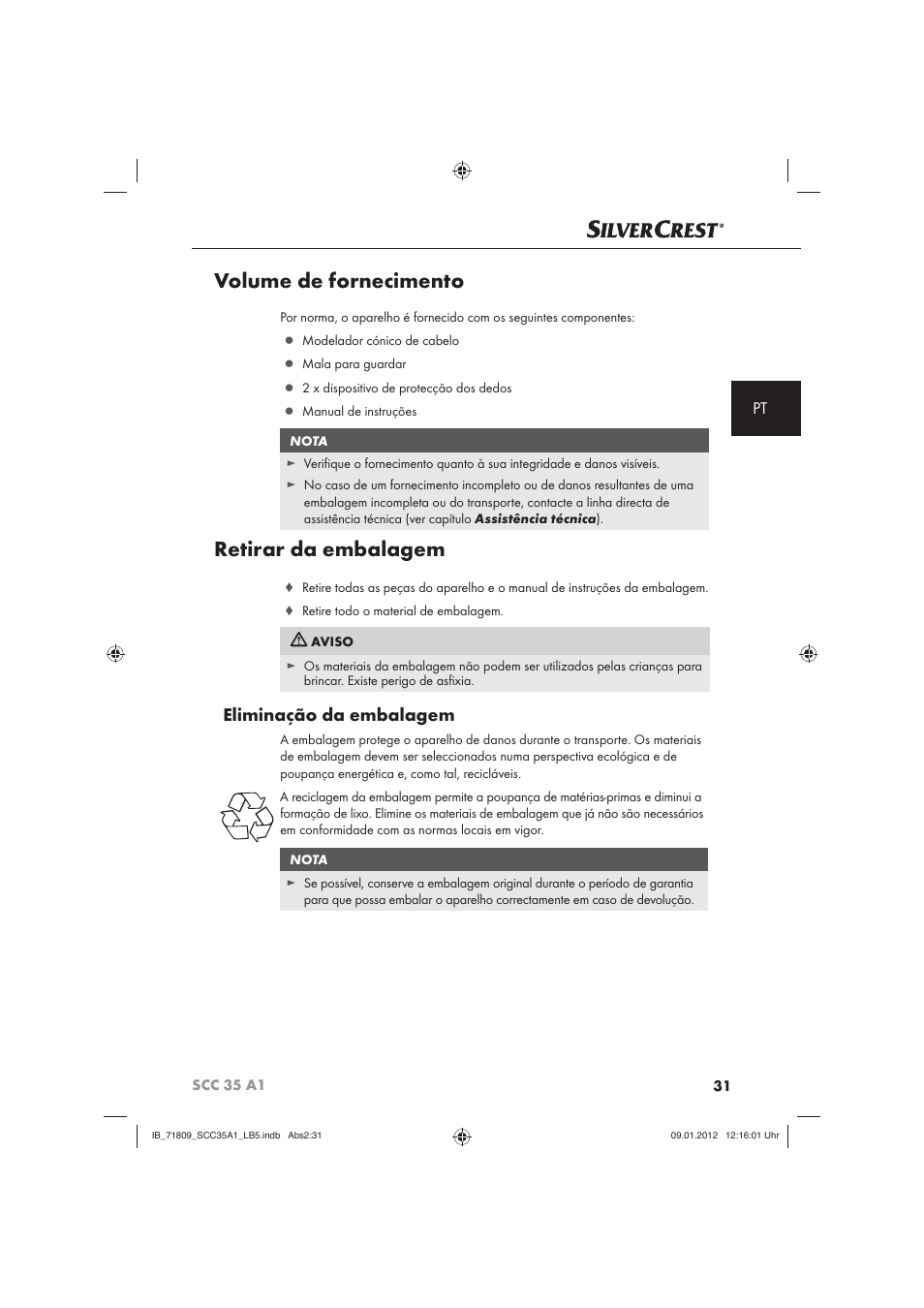 Volume de fornecimento, Retirar da embalagem, Eliminação da embalagem | Silvercrest SCC 35 A1 User Manual | Page 33 / 62