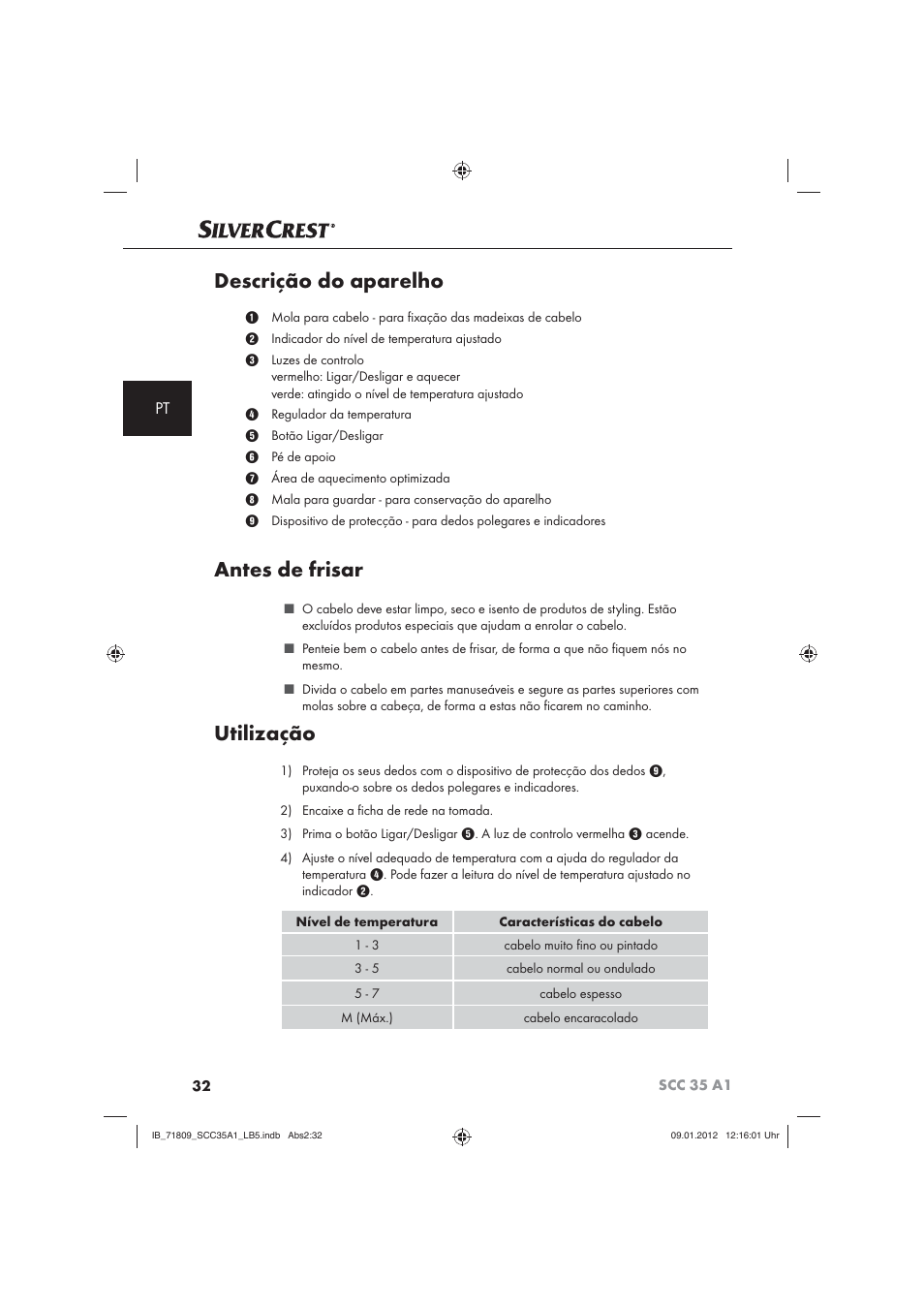 Descrição do aparelho, Antes de frisar, Utilização | Silvercrest SCC 35 A1 User Manual | Page 34 / 62