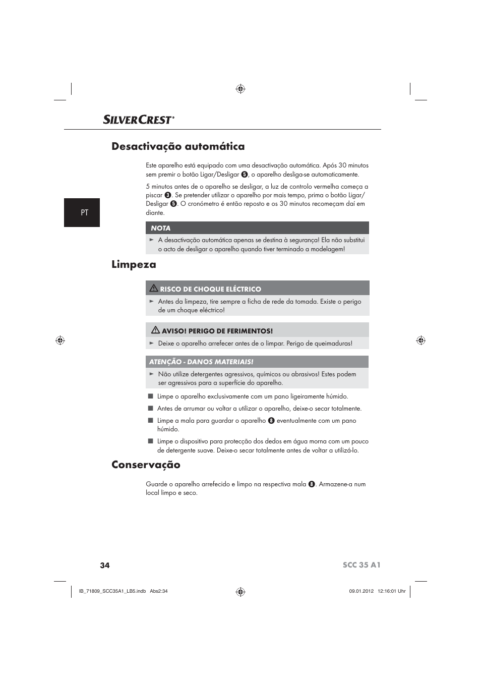 Desactivação automática, Limpeza, Conservação | Silvercrest SCC 35 A1 User Manual | Page 36 / 62