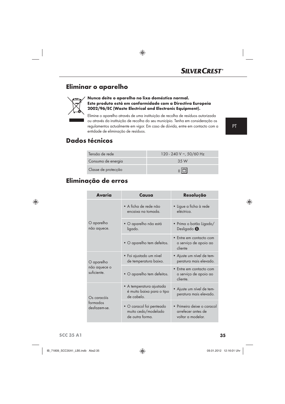 Eliminar o aparelho, Dados técnicos, Eliminação de erros | Silvercrest SCC 35 A1 User Manual | Page 37 / 62