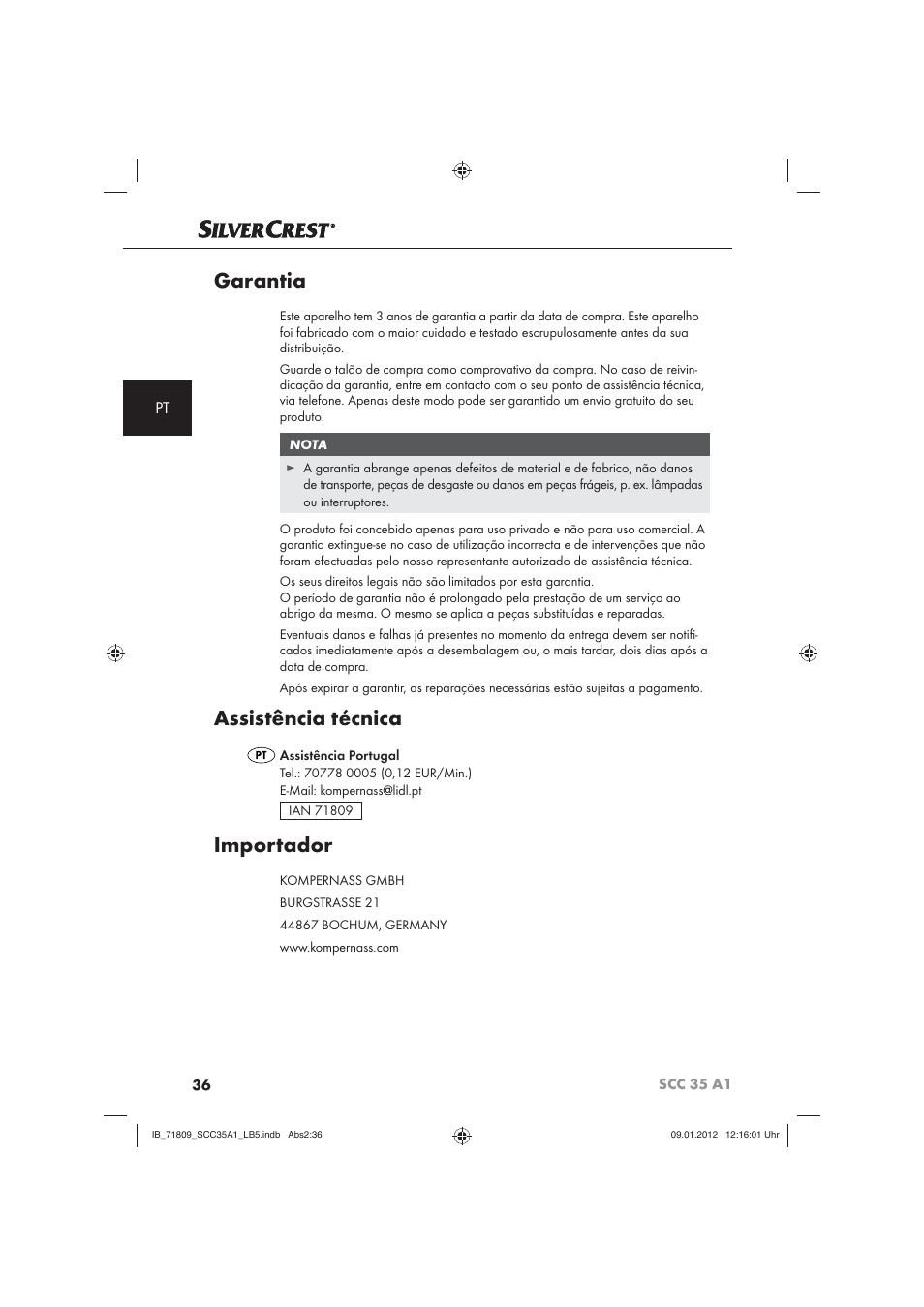 Garantia, Assistência técnica, Importador | Silvercrest SCC 35 A1 User Manual | Page 38 / 62