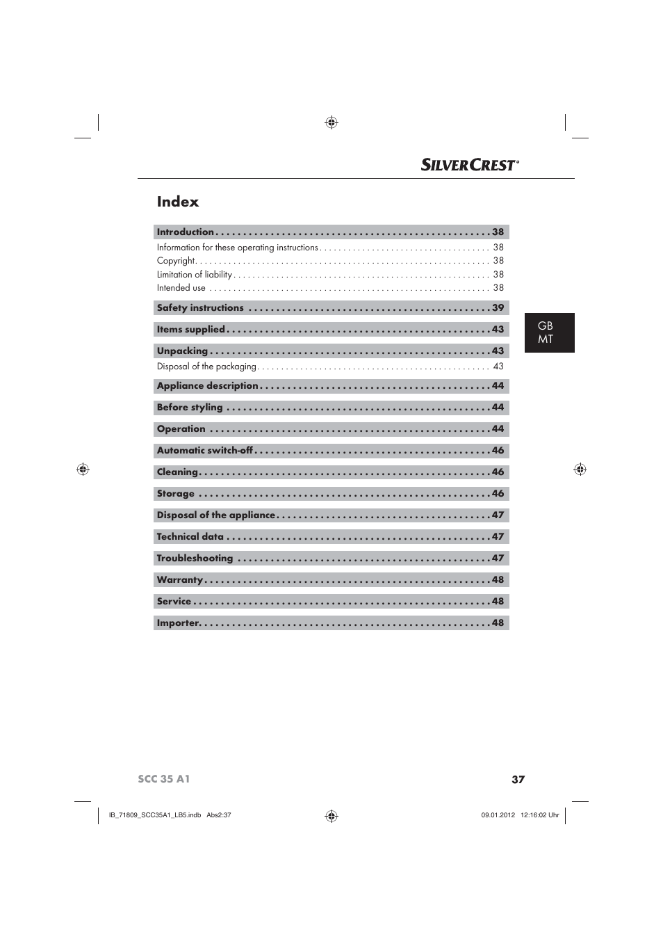 Index, Gb mt | Silvercrest SCC 35 A1 User Manual | Page 39 / 62