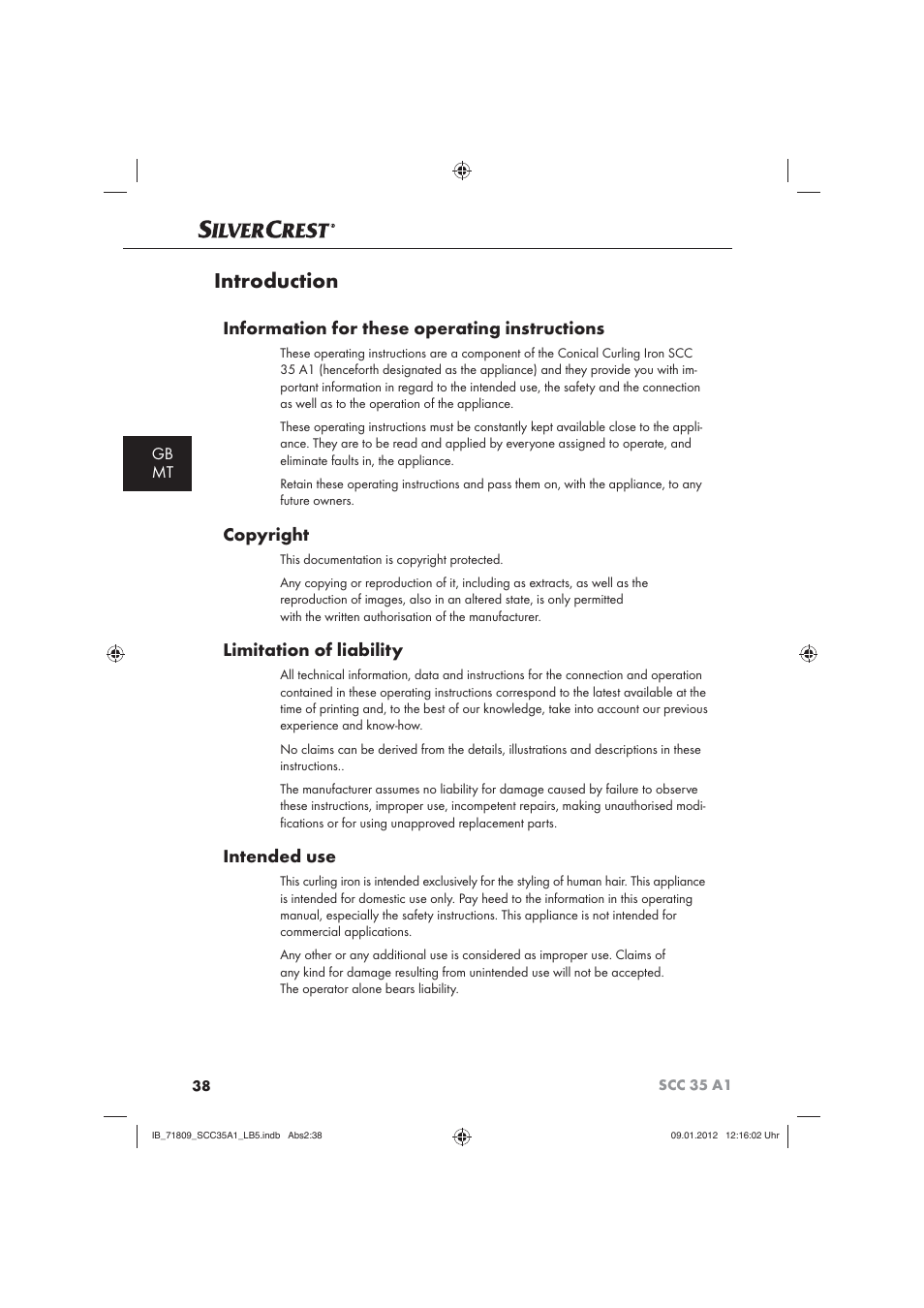 Introduction, Information for these operating instructions, Copyright | Limitation of liability, Intended use, Gb mt | Silvercrest SCC 35 A1 User Manual | Page 40 / 62