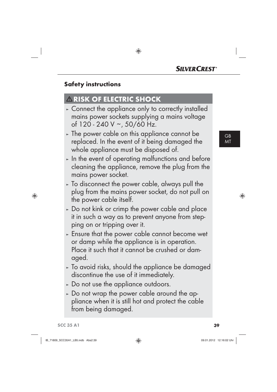 Do not wrap the power cable around the ap, Safety instructions | Silvercrest SCC 35 A1 User Manual | Page 41 / 62