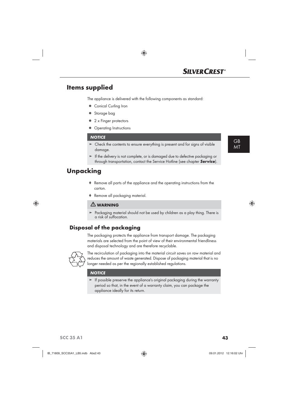 Items supplied, Unpacking, Disposal of the packaging | Gb mt | Silvercrest SCC 35 A1 User Manual | Page 45 / 62