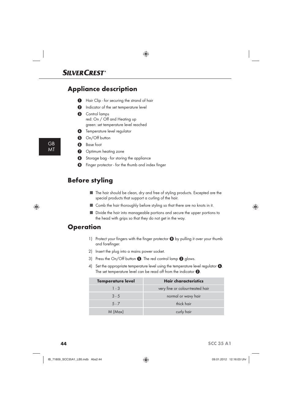 Appliance description, Before styling, Operation | Gb mt | Silvercrest SCC 35 A1 User Manual | Page 46 / 62