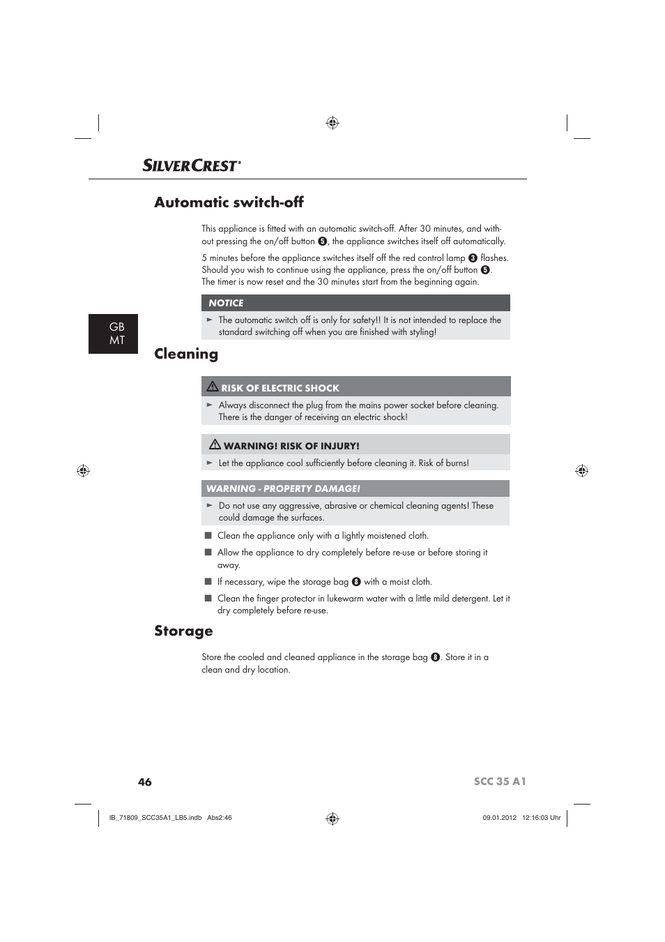 Automatic switch-oﬀ, Cleaning, Storage | Gb mt | Silvercrest SCC 35 A1 User Manual | Page 48 / 62