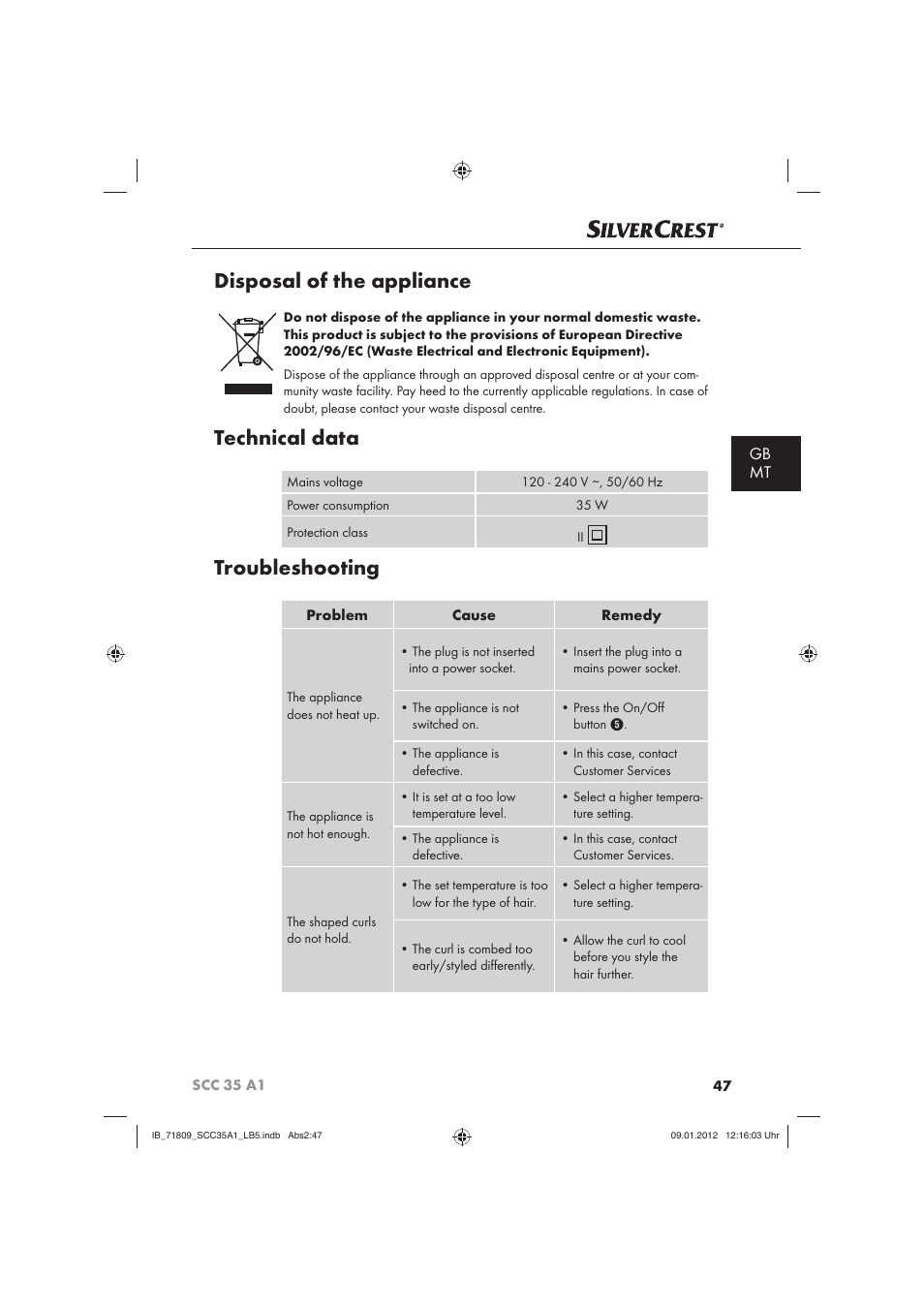 Disposal of the appliance, Technical data, Troubleshooting | Gb mt | Silvercrest SCC 35 A1 User Manual | Page 49 / 62