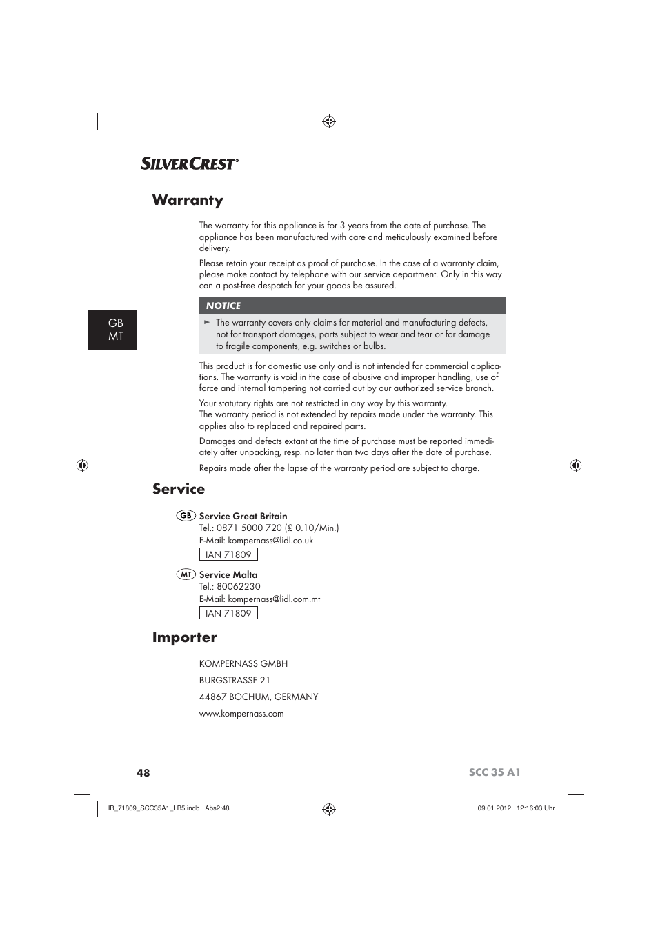 Warranty, Service, Importer | Gb mt | Silvercrest SCC 35 A1 User Manual | Page 50 / 62