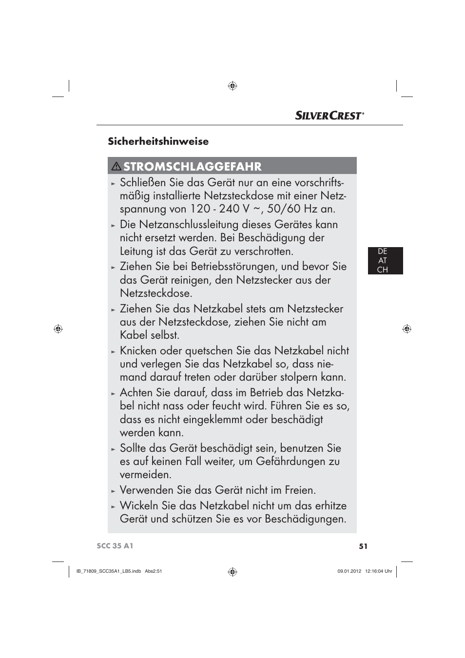 Wickeln sie das netzkabel nicht um das erhitze, Gerät und schützen sie es vor beschädigungen, Sicherheitshinweise | Silvercrest SCC 35 A1 User Manual | Page 53 / 62