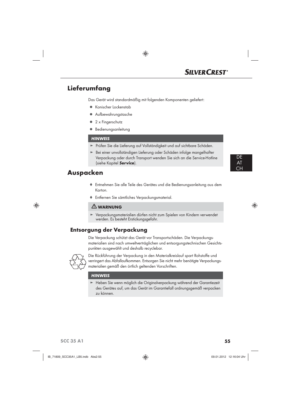 Lieferumfang, Auspacken, Entsorgung der verpackung | De at ch | Silvercrest SCC 35 A1 User Manual | Page 57 / 62