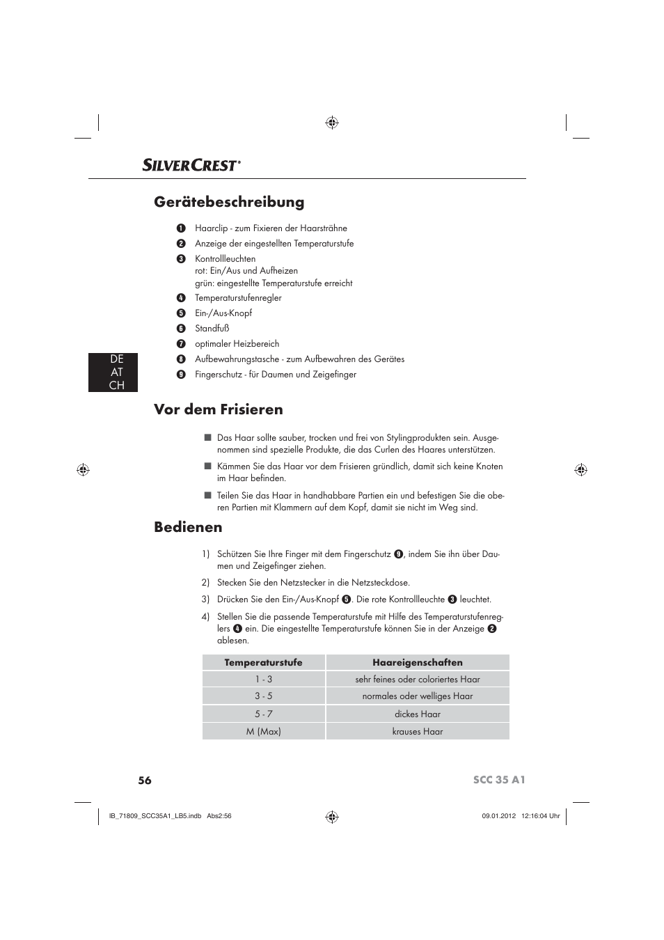 Gerätebeschreibung, Vor dem frisieren, Bedienen | De at ch | Silvercrest SCC 35 A1 User Manual | Page 58 / 62