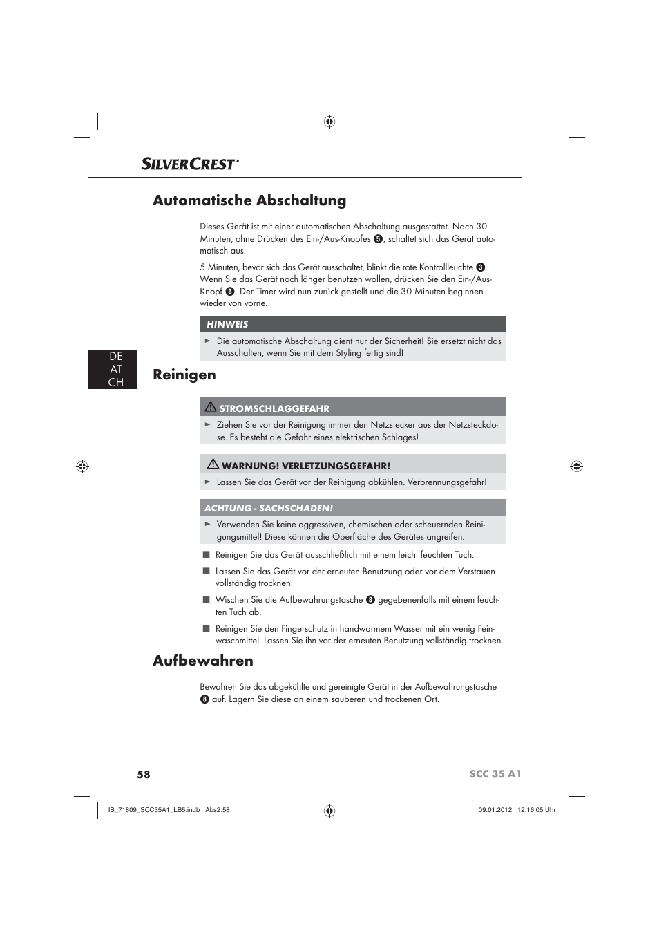 Automatische abschaltung, Reinigen, Aufbewahren | De at ch | Silvercrest SCC 35 A1 User Manual | Page 60 / 62