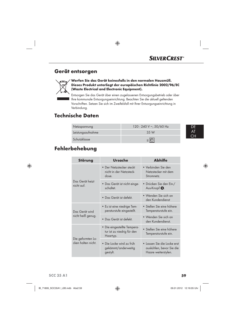 Gerät entsorgen, Technische daten, Fehlerbehebung | De at ch | Silvercrest SCC 35 A1 User Manual | Page 61 / 62