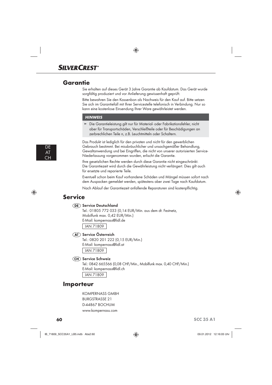 Garantie, Service, Importeur | De at ch | Silvercrest SCC 35 A1 User Manual | Page 62 / 62